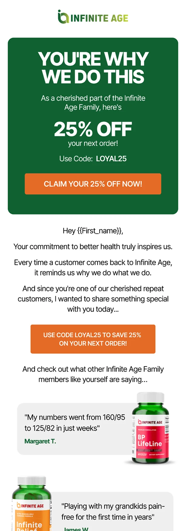 Infinite Age loyalty and social proof email