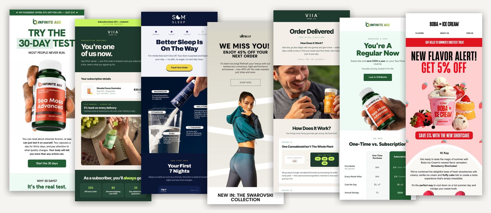 Email designs we've built for Infinite Age, VIIA, Som Sleep, Ultracor and Boba Ice Cream